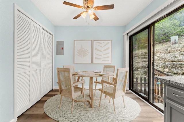 21459 Coyote Trl Unit A2, Lago Vista, TX 78645 - dining space with light wood finished floors, a ceiling fan, and electric panel
