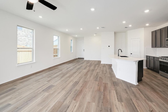 4923 Mozzafiato Ln, Round Rock, TX 78665 - kitchen featuring light wood-style floors, stainless steel appliances, recessed lighting, a ceiling fan, and open floor plan