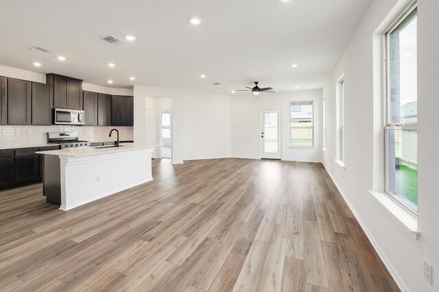 4923 Mozzafiato Ln, Round Rock, TX 78665 - kitchen featuring stainless steel appliances, light wood-style flooring, plenty of natural light, tasteful backsplash, and recessed lighting