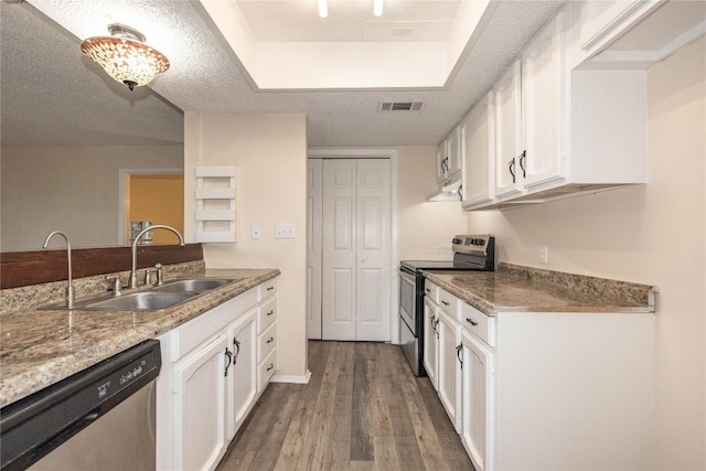 110 Shady Bluff Ct, Wimberley, TX 78676 - kitchen with appliances with stainless steel finishes, a sink, wood finished floors, and white cabinets