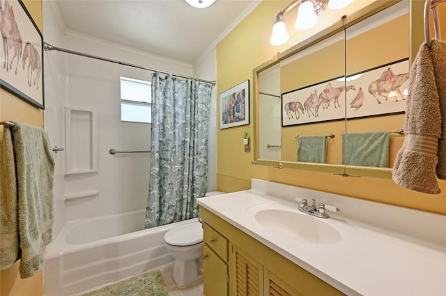 10908 Slaughter Creek Dr, Austin, TX 78748 - full bath with ornamental molding, toilet, shower / bath combo, vanity, and tile patterned floors