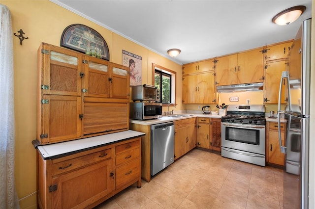 10908 Slaughter Creek Dr, Austin, TX 78748 - kitchen featuring appliances with stainless steel finishes, under cabinet range hood, crown molding, a sink, and light countertops