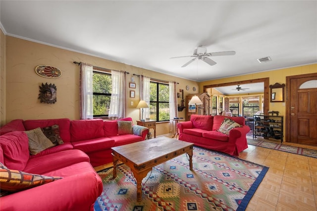 10908 Slaughter Creek Dr, Austin, TX 78748 - living area featuring ceiling fan and ornamental molding