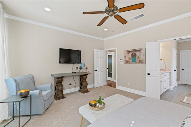 1409 Old Mill Rd, Salado, TX 76571 - carpeted bedroom with ornamental molding, recessed lighting, and ceiling fan