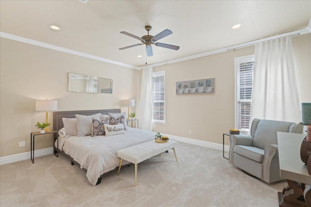 1409 Old Mill Rd, Salado, TX 76571 - bedroom featuring light carpet, ornamental molding, baseboards, recessed lighting, and ceiling fan