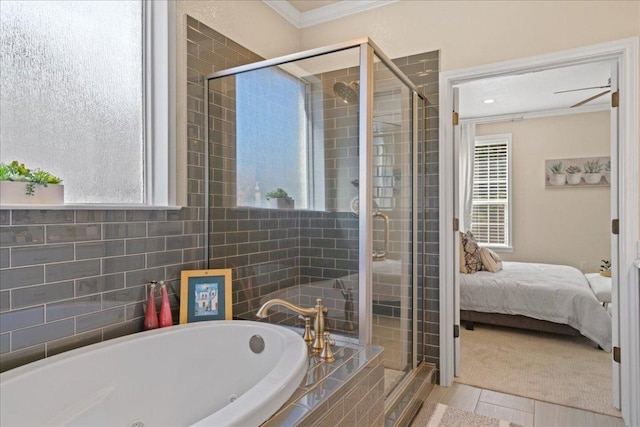 1409 Old Mill Rd, Salado, TX 76571 - full bathroom with a shower stall, a tub with jets, ornamental molding, and connected bathroom