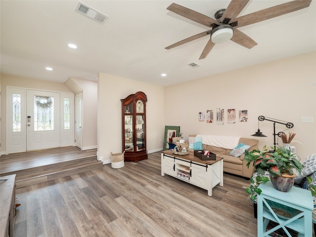 2702 Double Tree St, Round Rock, TX 78681 - living room featuring recessed lighting, baseboards, light wood-style floors, and ceiling fan