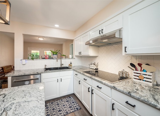 2702 Double Tree St, Round Rock, TX 78681 - kitchen with under cabinet range hood, black electric cooktop, a sink, stainless steel dishwasher, and white cabinets