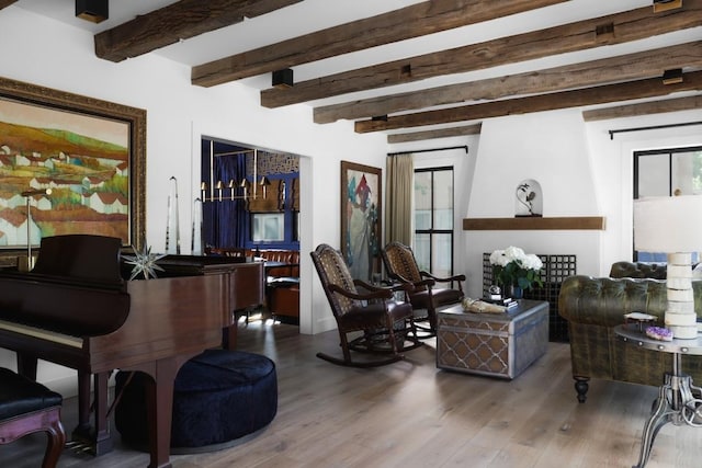 713 E 32nd St, Austin, TX 78705 - living room featuring wood finished floors and beam ceiling