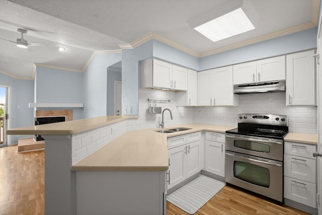 2450 Wickersham Ln Unit M1318, Austin, TX 78741 - kitchen with under cabinet range hood, a sink, double oven range, ornamental molding, and ceiling fan