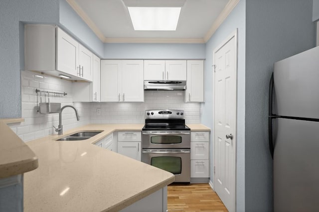 2450 Wickersham Ln Unit M1318, Austin, TX 78741 - kitchen featuring appliances with stainless steel finishes, under cabinet range hood, a sink, ornamental molding, and backsplash