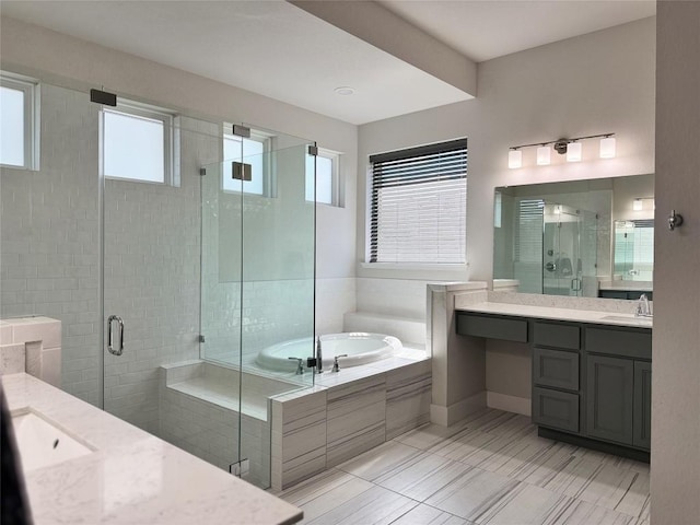 1162 Thicket Ln, New Braunfels, TX 78132 - bathroom featuring vanity, a bath, a shower stall, and tile patterned floors