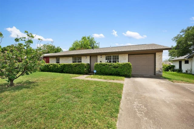 105 E St Johns Ave, Austin, TX 78752 - ranch-style home with a garage, concrete driveway, a front yard, and stone siding