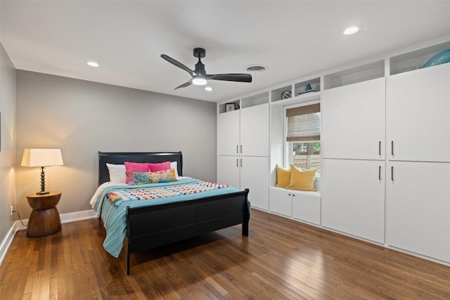 1254 S Church St, Georgetown, TX 78626 - bedroom featuring dark wood-type flooring, recessed lighting, baseboards, and ceiling fan