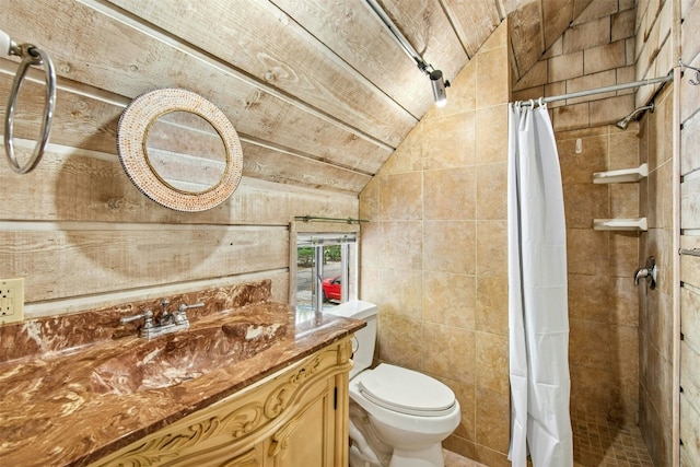 119 Topspin Cir, Spicewood, TX 78669 - full bath featuring toilet, a shower stall, vanity, and vaulted ceiling