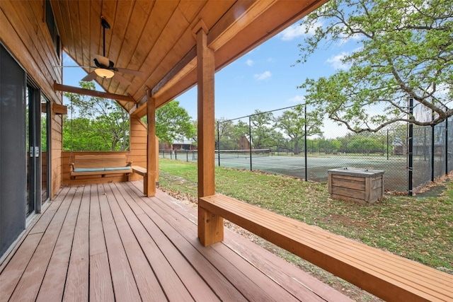 119 Topspin Cir, Spicewood, TX 78669 - deck featuring a tennis court and a ceiling fan