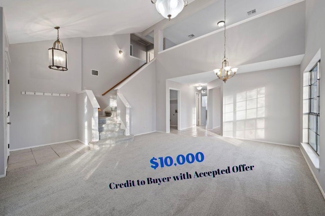 16901 Dashwood Creek Dr, Pflugerville, TX 78660 - unfurnished living room featuring a chandelier, high vaulted ceiling, carpet, stairway, and baseboards