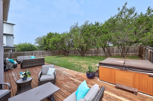 302 Southwind Rd, Lago Vista, TX 78645 - wooden terrace featuring a hot tub, outdoor lounge area, and a fenced backyard