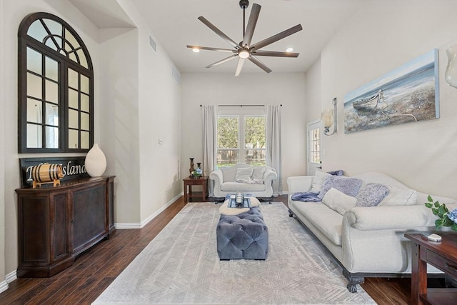 302 Southwind Rd, Lago Vista, TX 78645 - living area featuring a ceiling fan, dark wood-style flooring, and recessed lighting