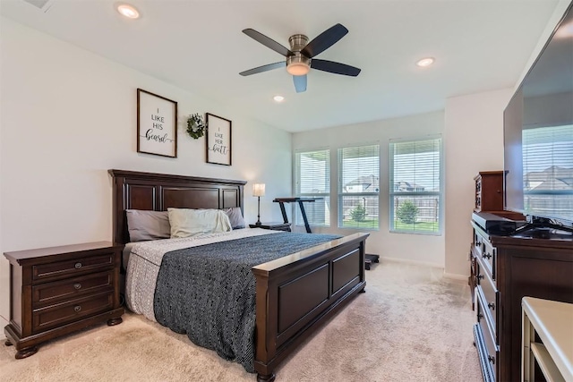 206 Monteforte Rd, Hutto, TX 78634 - bedroom with light colored carpet, baseboards, recessed lighting, and ceiling fan