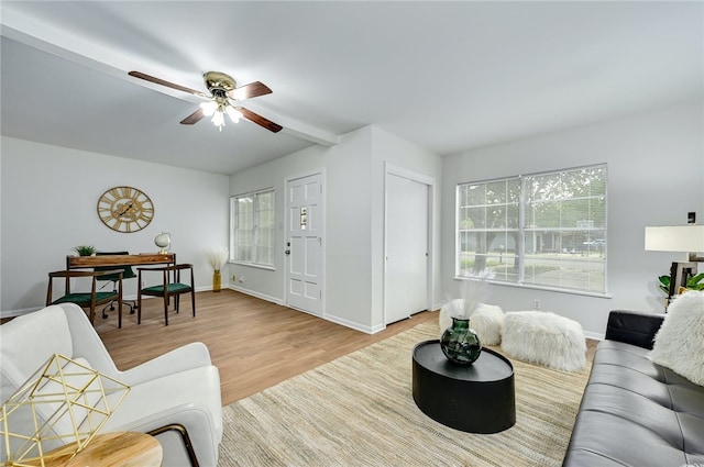 1408 Kent St, Taylor, TX 76574 - living room featuring plenty of natural light, ceiling fan, wood finished floors, and baseboards