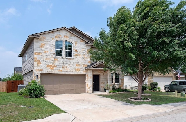 112 Moulins Ln, Georgetown, TX 78626 - traditional-style house featuring stone siding, concrete driveway, a garage, and cooling unit