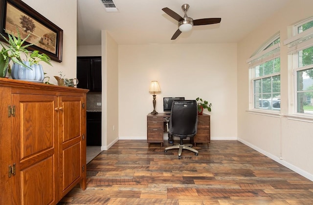 112 Moulins Ln, Georgetown, TX 78626 - home office featuring wood finished floors, ceiling fan, and baseboards