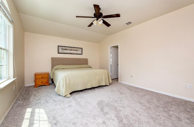 112 Moulins Ln, Georgetown, TX 78626 - bedroom featuring carpet flooring, baseboards, vaulted ceiling, and ceiling fan