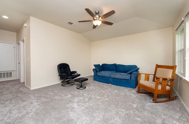 112 Moulins Ln, Georgetown, TX 78626 - living area with carpet, a ceiling fan, lofted ceiling, and baseboards