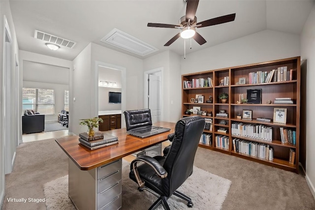 316 Barrel Bnd, Georgetown, TX 78628 - office space featuring attic access, a ceiling fan, and light carpet