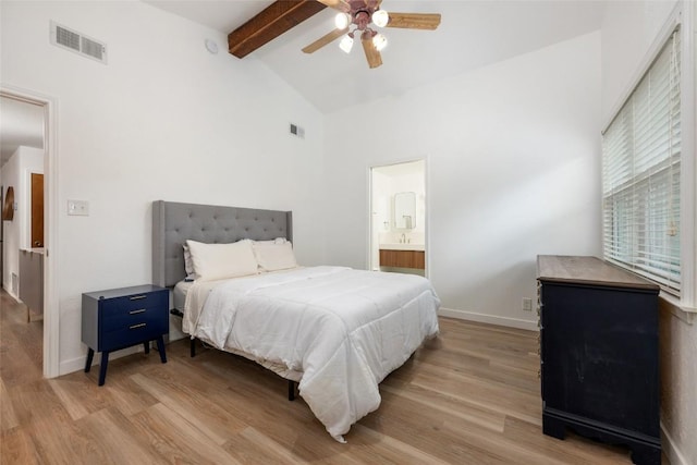 6309 Middleham Pl, Austin, TX 78745 - bedroom with light wood-style flooring, beamed ceiling, high vaulted ceiling, and a ceiling fan