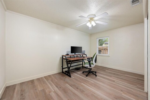 6309 Middleham Pl, Austin, TX 78745 - office space with a textured ceiling, light wood-style flooring, ornamental molding, and a ceiling fan