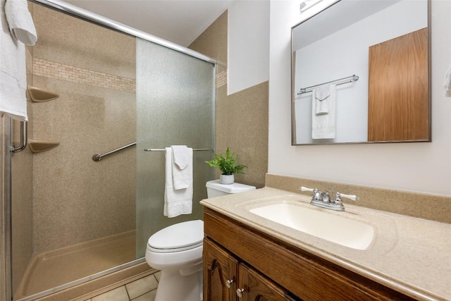 6309 Middleham Pl, Austin, TX 78745 - full bath with vanity, a stall shower, and tile patterned flooring
