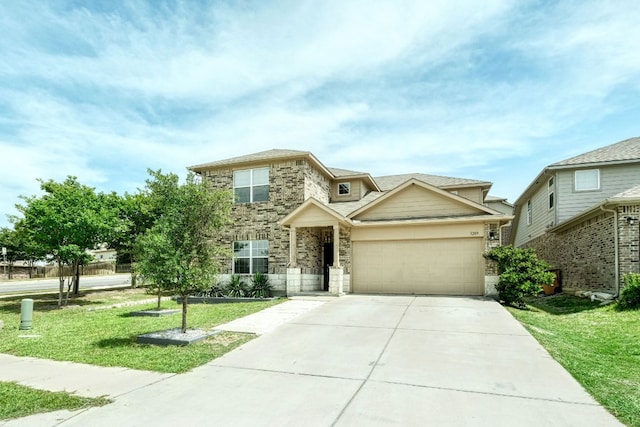 3209 Ortman Dr, Pflugerville, TX 78660 - traditional-style home featuring a garage, a front yard, driveway, and stone siding
