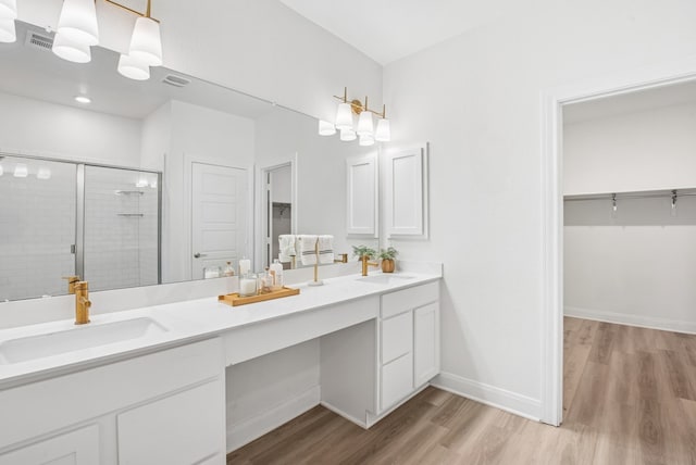 108 Redcliff Path, Kyle, TX 78640 - bathroom featuring a walk in closet, wood finished floors, double vanity, and a shower stall