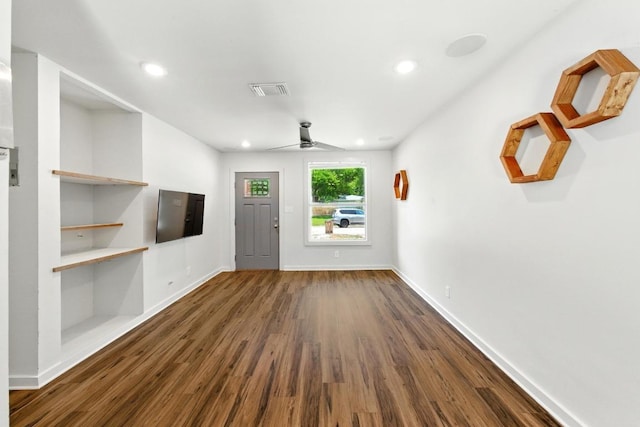 6209 Peggy St, Austin, TX 78723 - unfurnished living room featuring dark wood-style flooring, ceiling fan, and recessed lighting