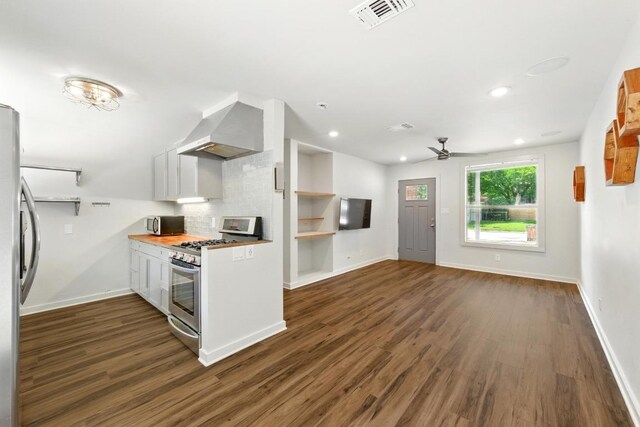 6209 Peggy St, Austin, TX 78723 - kitchen featuring ventilation hood, stainless steel appliances, a ceiling fan, dark wood finished floors, and recessed lighting
