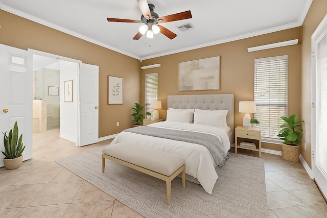 5012 Wildflower Ln, Temple, TX 76502 - bedroom with light tile patterned floors, crown molding, and ceiling fan
