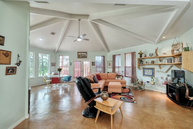 2809 Lost Oak Cv, Georgetown, TX 78628 - living room with beamed ceiling, ceiling fan, concrete flooring, baseboards, and high vaulted ceiling