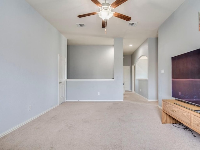 unfurnished living room with a ceiling fan, light colored carpet, baseboards, and recessed lighting