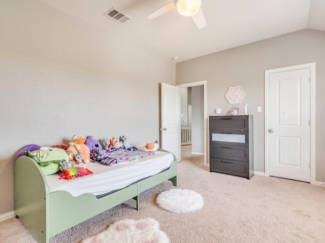 319 Sandstone Trl, Buda, TX 78610 - bedroom featuring carpet, radiator heating unit, lofted ceiling, and a ceiling fan