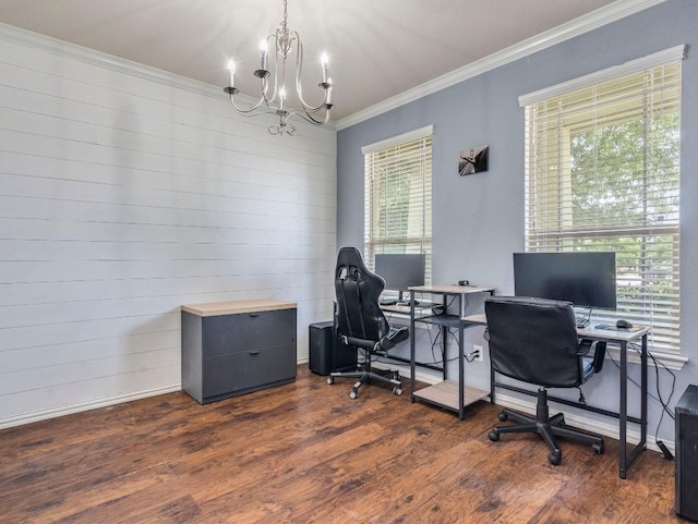 office with a chandelier, ornamental molding, dark wood-style floors, and wood walls