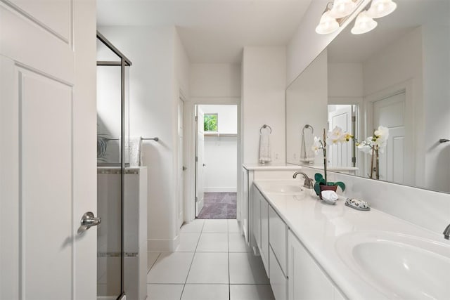 11009 Avery Station Loop Unit 32, Austin, TX 78717 - bathroom with tile patterned floors, a stall shower, double vanity, and a chandelier