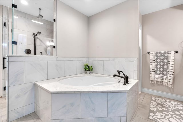 bathroom with a tile shower, a garden tub, baseboards, tile patterned flooring, and recessed lighting