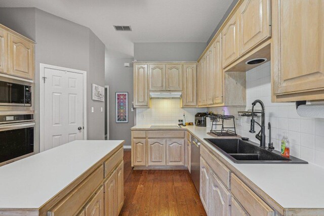 602 Leisurewoods Dr, Buda, TX 78610 - kitchen with appliances with stainless steel finishes, light brown cabinetry, a sink, under cabinet range hood, and dark wood-type flooring
