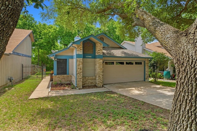 12309 Little Fatima Ln, Austin, TX 78753 - mid-century home featuring a chimney, brick siding, an attached garage, concrete driveway, and roof with shingles