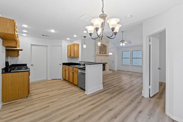 12309 Little Fatima Ln, Austin, TX 78753 - kitchen featuring dark countertops, stainless steel dishwasher, a chandelier, light wood-style floors, and recessed lighting