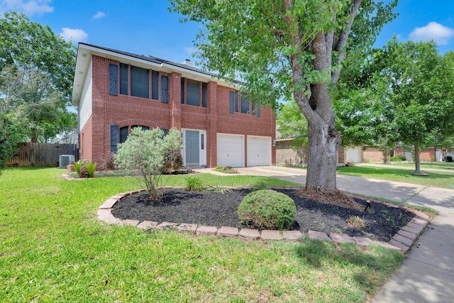 view of front of house featuring brick siding, concrete driveway, a garage, and central air condition unit