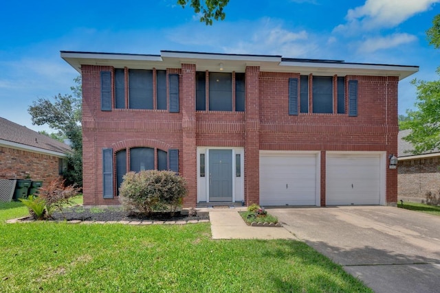 view of front of property with a garage, concrete driveway, a front yard, and brick siding