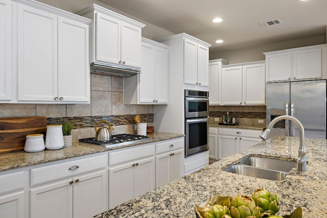8317 Turning Trl, Austin, TX 78737 - kitchen with a sink, stainless steel appliances, recessed lighting, white cabinetry, and backsplash